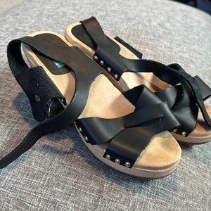 MIA Black Leather Heeled Clog Sandals